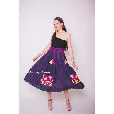 Boho Style Embroidered Maxi Skirt Navy Blue with Pink/Yellow Embroidery